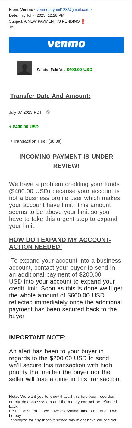 [Phishing email trying to make you click on their Venmo button and give them your payment info]