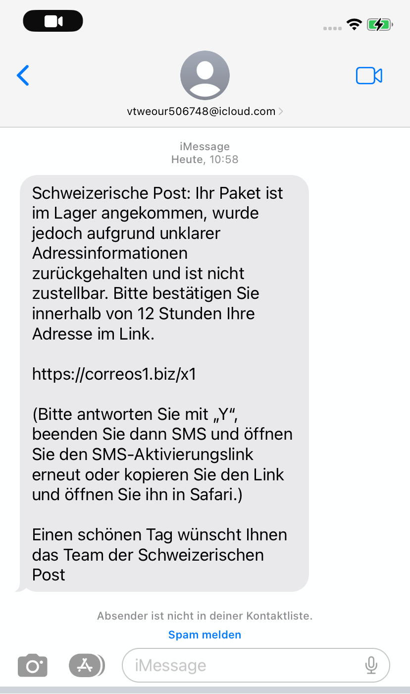 [Phishing message pretending to be from the  Swiss Post Office]