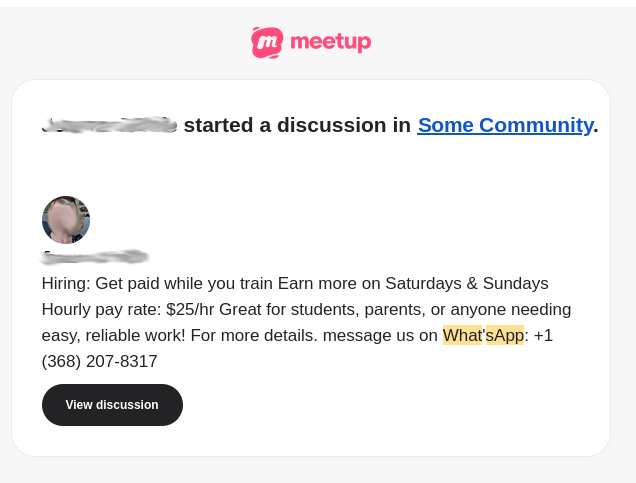 [Screen capture of the suspicious meetup posted whose text version is shown below. Note Community name,  profile Name and picture were edited to protect the innocent]